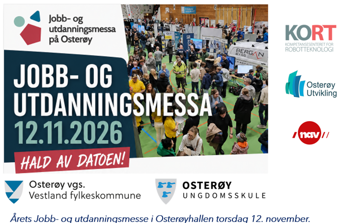 Bilde fra Jobb- og utdanningsmessa i Osterøyhallen med teksten "Hald av datoen! 12.11.2026"